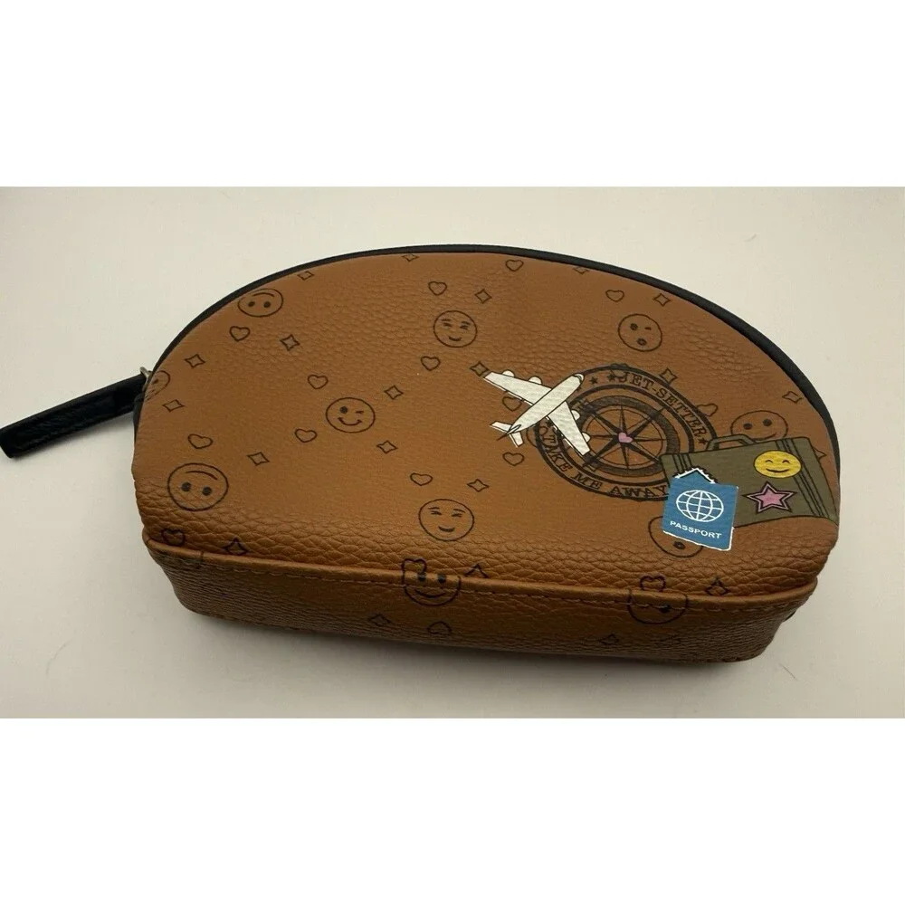 Travel Makeup Bag Brown Faux Leather Emoji Airplane Passport Pouch